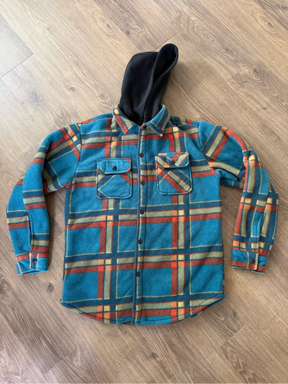 Matix Teal Plaid Fleece Hoodie Shirt - Hooded Button-Up size small